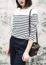 Style White O-Neck Striped Knit Cotton Top Long Sleeve