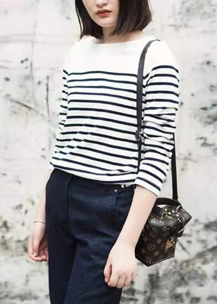 Style White O-Neck Striped Knit Cotton Top Long Sleeve