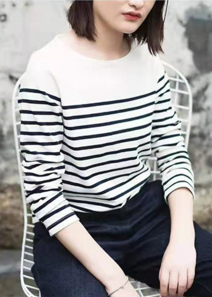 Style White O-Neck Striped Knit Cotton Top Long Sleeve