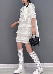 Style White O-Neck Tulle Patchwork Lace Layered Dresses Short Sleeve