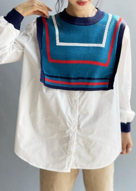 Style White Patchwork Knit Button Fall Tops Long sleeve - bagstylebliss