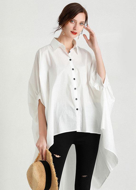 Style White PeterPan Collar Asymmetrical Design Summer Cotton Shirt Top Half Sleeve - bagstylebliss