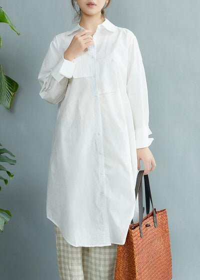 Style White PeterPan Collar Pockets Button Fall Asymmetrical Design Shirt Tops Long Sleeve - bagstylebliss