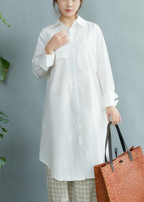 Style White PeterPan Collar Pockets Button Fall Asymmetrical Design Shirt Tops Long Sleeve - bagstylebliss