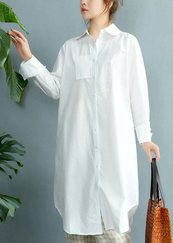 Style White PeterPan Collar Pockets Button Fall Asymmetrical Design Shirt Tops Long Sleeve - bagstylebliss