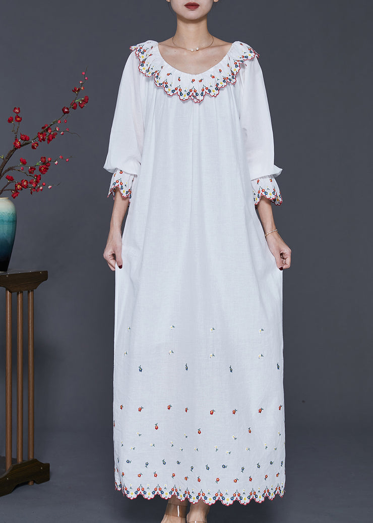 Style White Ruffled Embroidered Cotton Long Dress Spring