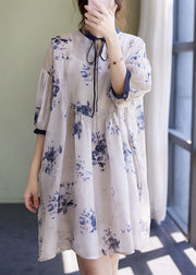 Style White Stand Collar Asymmetrical Wrinkled Print Cotton Linen Party Dress Half Sleeve