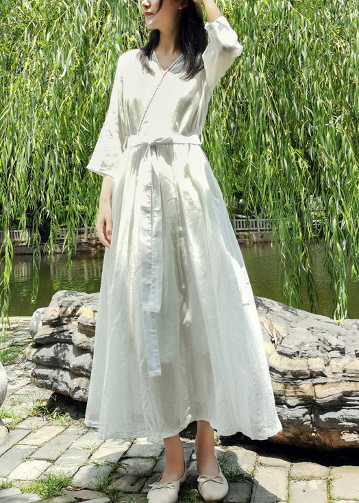 Style White Tie Taille Bestickte Tasche Cotton Long Dress Half Sleeve