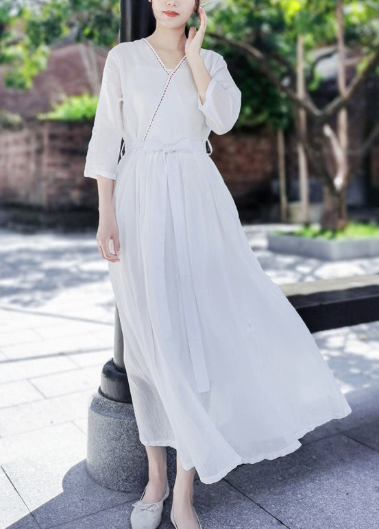 Style White Tie Waist Embroideried Pocket Cotton Long Dress Half Sleeve