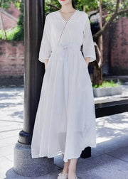 Style White Tie Waist Embroideried Pocket Cotton Long Dress Half Sleeve