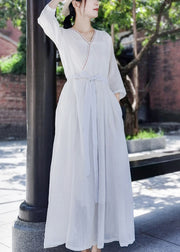 Style White Tie Waist Embroideried Pocket Cotton Long Dress Half Sleeve