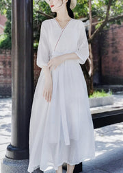 Style White Tie Taille Bestickte Tasche Cotton Long Dress Half Sleeve