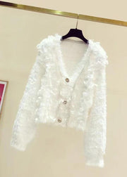 Style White V Neck Nail Bead Tassel Mink Hair Knitted Shirt Long Sleeve