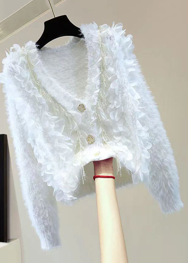 Style White V Neck Tasseled Patchwork Mink Hair Knitted Cardigan Fall