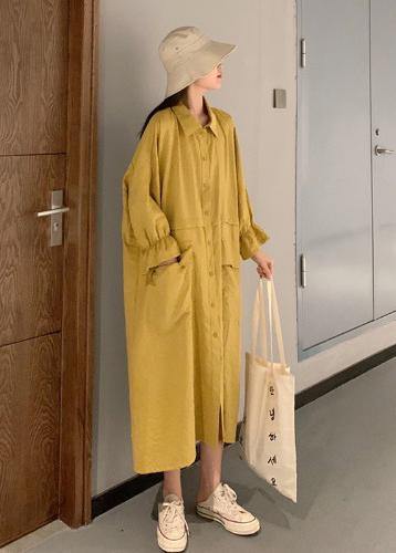 Style Yellow Dress Lapel Pockets Maxi Spring Dresses - bagstylebliss