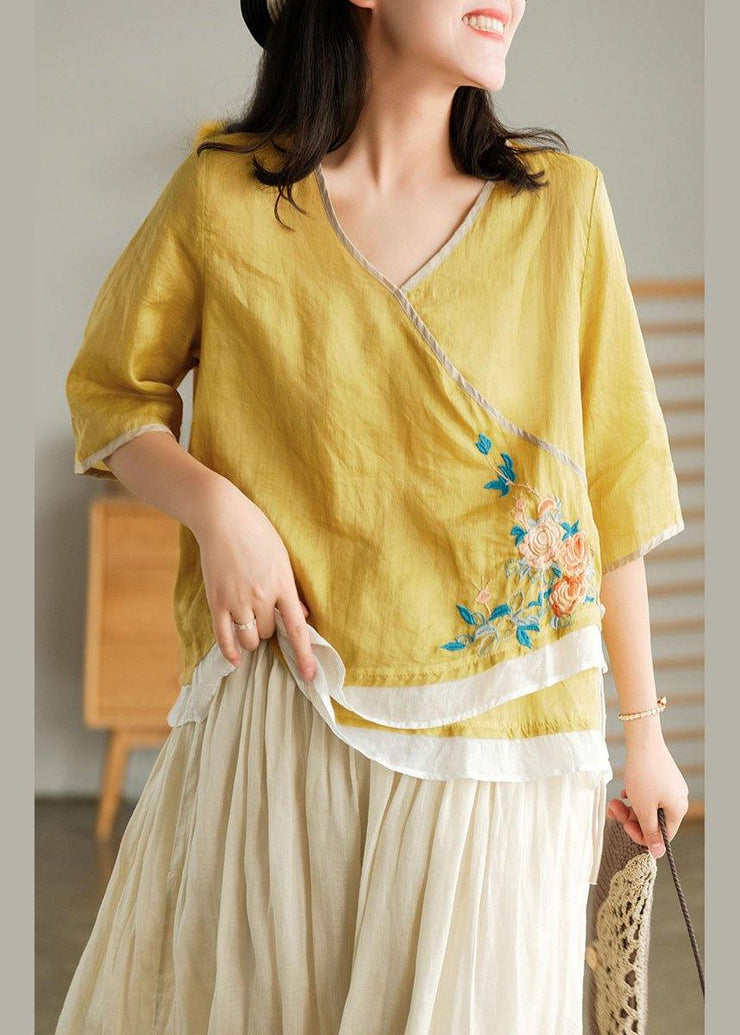 Style Yellow Embroideried Asymmetrical design Ramie Summer Blouses - bagstylebliss