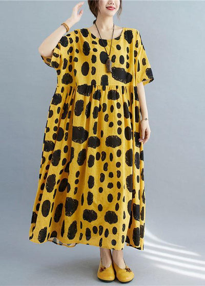 Style Yellow Loose O-Neck Print Summer Cotton Dress Half Sleeve - bagstylebliss