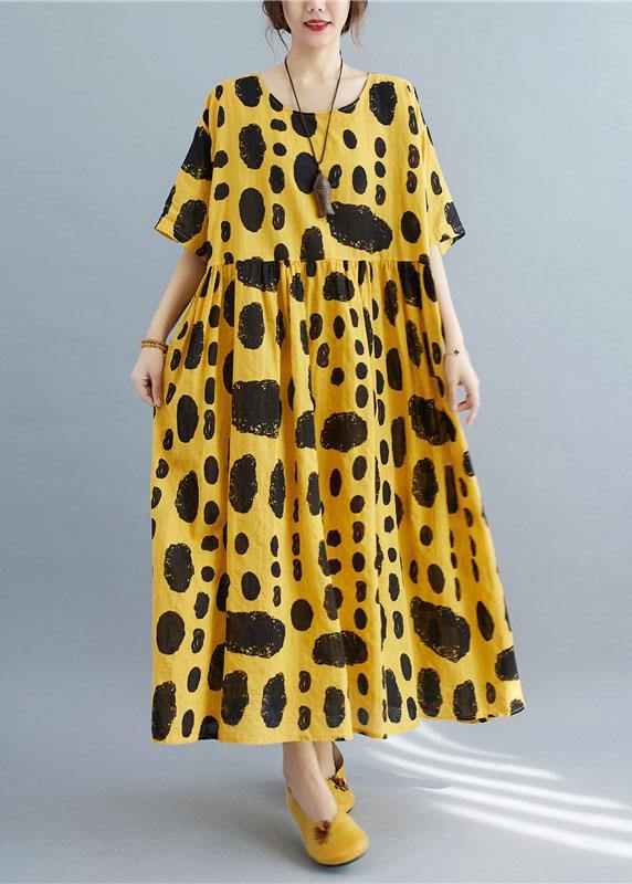 Style Yellow Loose O-Neck Print Summer Cotton Dress Half Sleeve - bagstylebliss