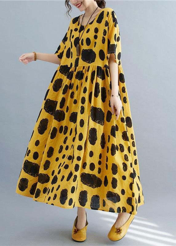 Style Yellow Loose O-Neck Print Summer Cotton Dress Half Sleeve - bagstylebliss