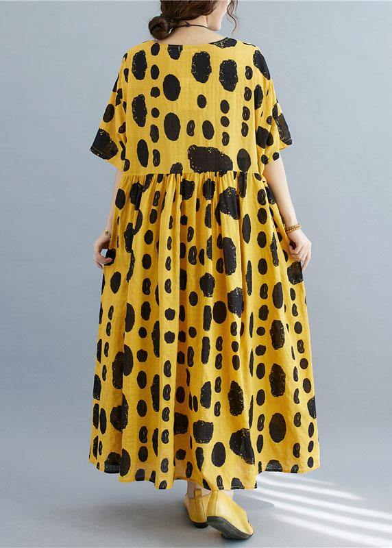 Style Yellow Loose O-Neck Print Summer Cotton Dress Half Sleeve - bagstylebliss