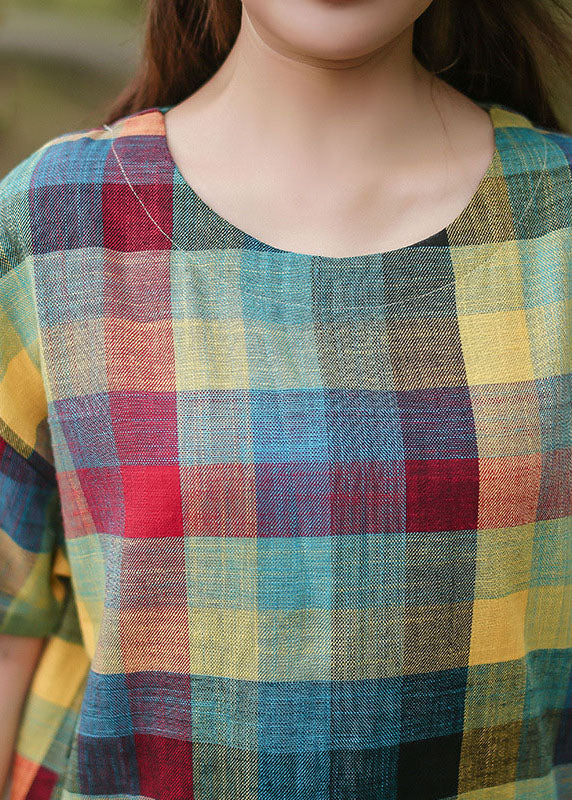 Style Yellow O-Neck Plaid Cotton Top Short Sleeve