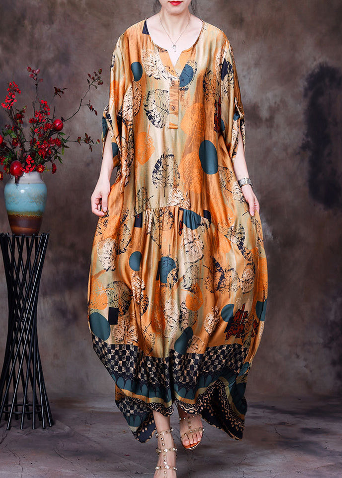 Style Yellow O-Neck Wrinkled Print Silk Women&