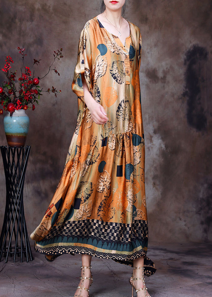 Style Yellow O-Neck Wrinkled Print Silk Women&