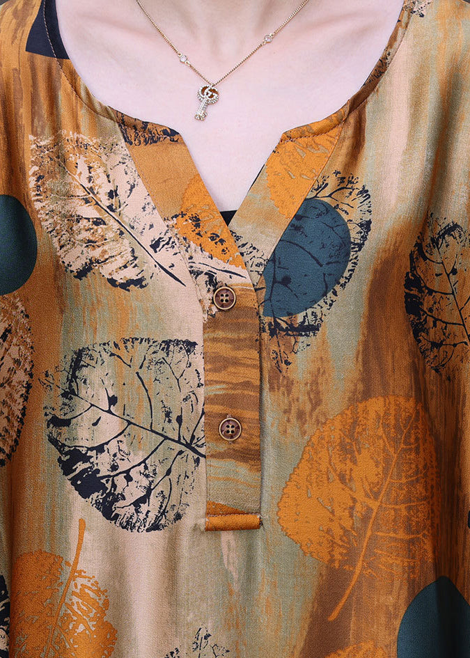 Style Yellow O-Neck Wrinkled Print Silk Women&