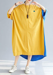 Style Yellow Patchwork Blue Summer Holiday Dress Half Sleeve - bagstylebliss