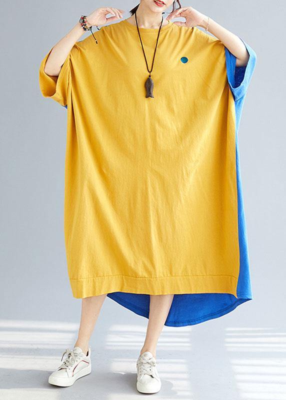 Style Yellow Patchwork Blue Summer Holiday Dress Half Sleeve - bagstylebliss