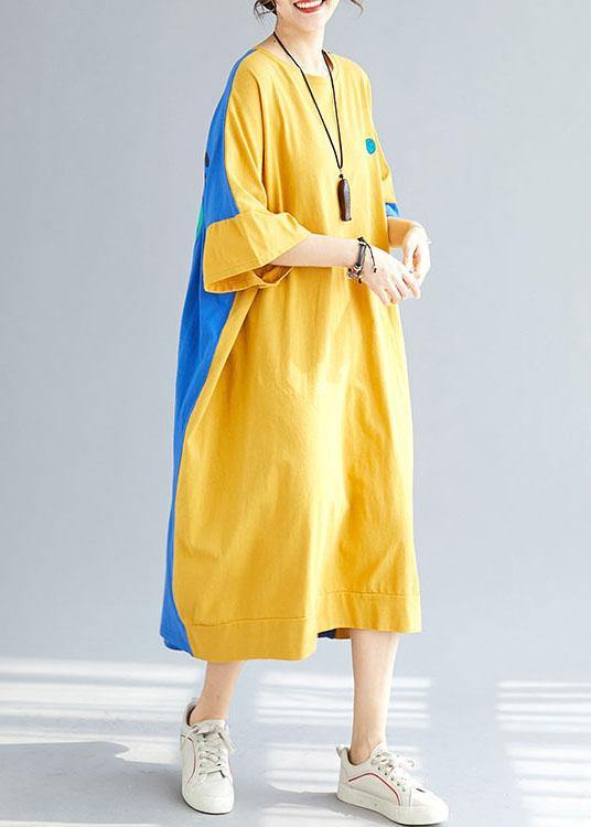 Style Yellow Patchwork Blue Summer Holiday Dress Half Sleeve - bagstylebliss