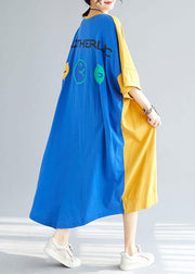 Style Yellow Patchwork Blue Summer Holiday Dress Half Sleeve - bagstylebliss