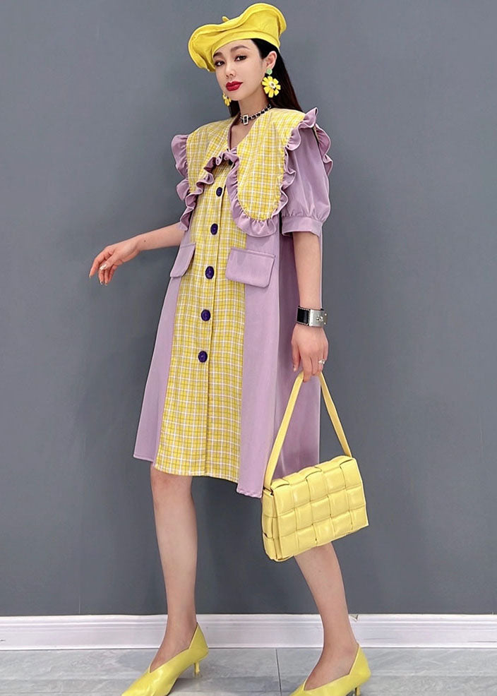 Style Yellow Peter Pan Collar Ruffles Patchwork Plaid Chiffon Vacation Dress Short Sleeve