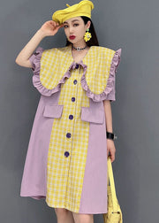 Style Yellow Peter Pan Collar Ruffles Patchwork Plaid Chiffon Vacation Dress Short Sleeve