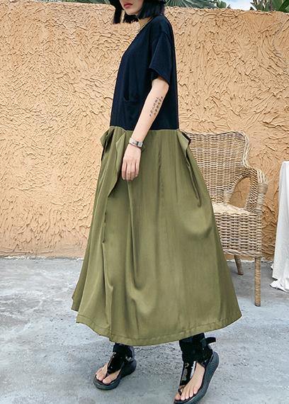 Style army green cotton clothes Women o neck patchwork Traveling summer Dresses - bagstylebliss