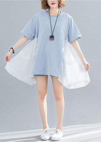 Style asymmetric hem cotton clothes For Women Photography blue patchwork shirt summer - bagstylebliss