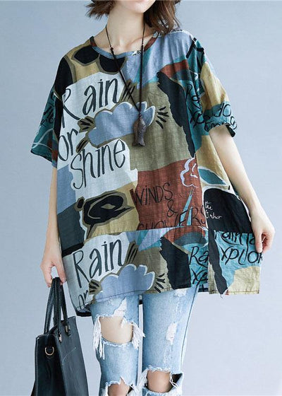 Style asymmetric prints cotton Shirts o neck summer Tops - bagstylebliss