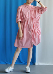 Style asymmetric Cinched Cotton quilting clothes Work Outfits pink Dress fall - bagstylebliss