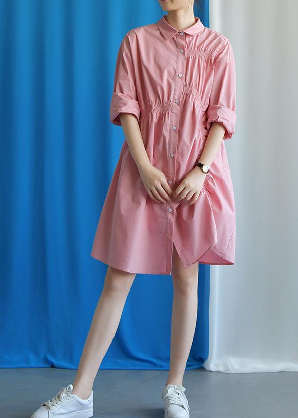 Style asymmetric Cinched Cotton quilting clothes Work Outfits pink Dress fall - bagstylebliss