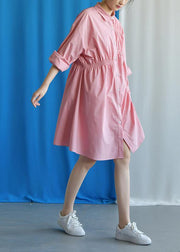 Style asymmetric Cinched Cotton quilting clothes Work Outfits pink Dress fall - bagstylebliss