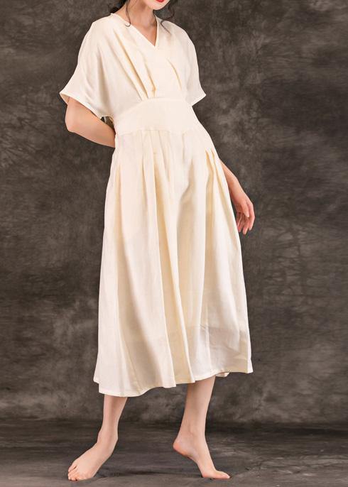 Style beige linen Robes v neck tie waist summer Dress - bagstylebliss