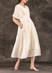 Style beige linen Robes v neck tie waist summer Dress - bagstylebliss