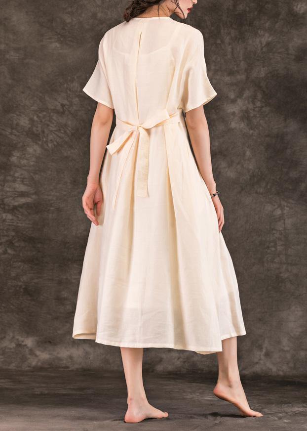 Style beige linen Robes v neck tie waist summer Dress - bagstylebliss