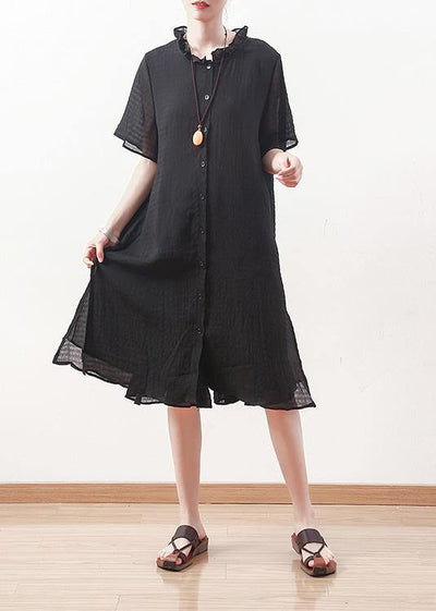 Style black Chiffon Shirts ruffles collar Knee summer Dresses - bagstylebliss