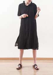 Style black Chiffon Shirts ruffles collar Knee summer Dresses - bagstylebliss