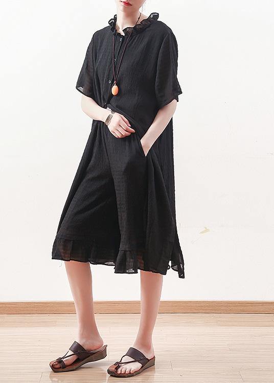 Style black Chiffon Shirts ruffles collar Knee summer Dresses - bagstylebliss