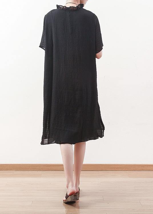 Style black Chiffon Shirts ruffles collar Knee summer Dresses - bagstylebliss