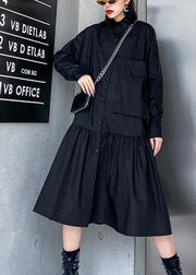 Style black Cotton dress shirt A Line patchwork Dresses - bagstylebliss