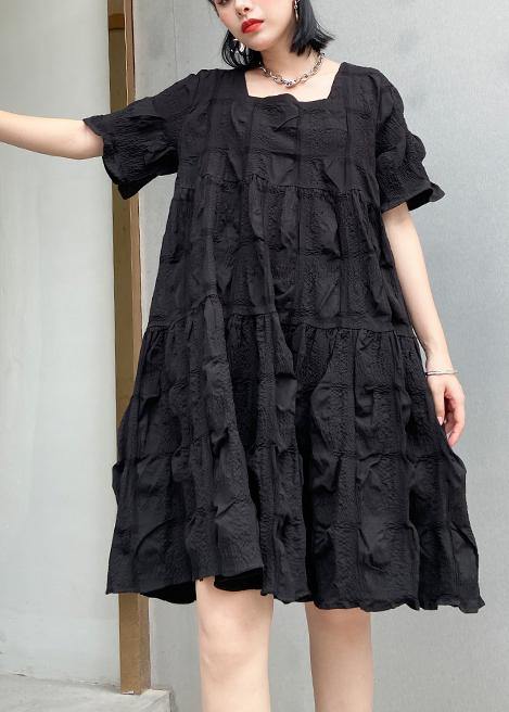 Style black Cotton tunic dress Square Collar Cinched oversized summer Dresses - bagstylebliss