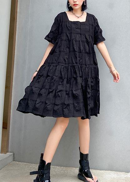 Style black Cotton tunic dress Square Collar Cinched oversized summer Dresses - bagstylebliss